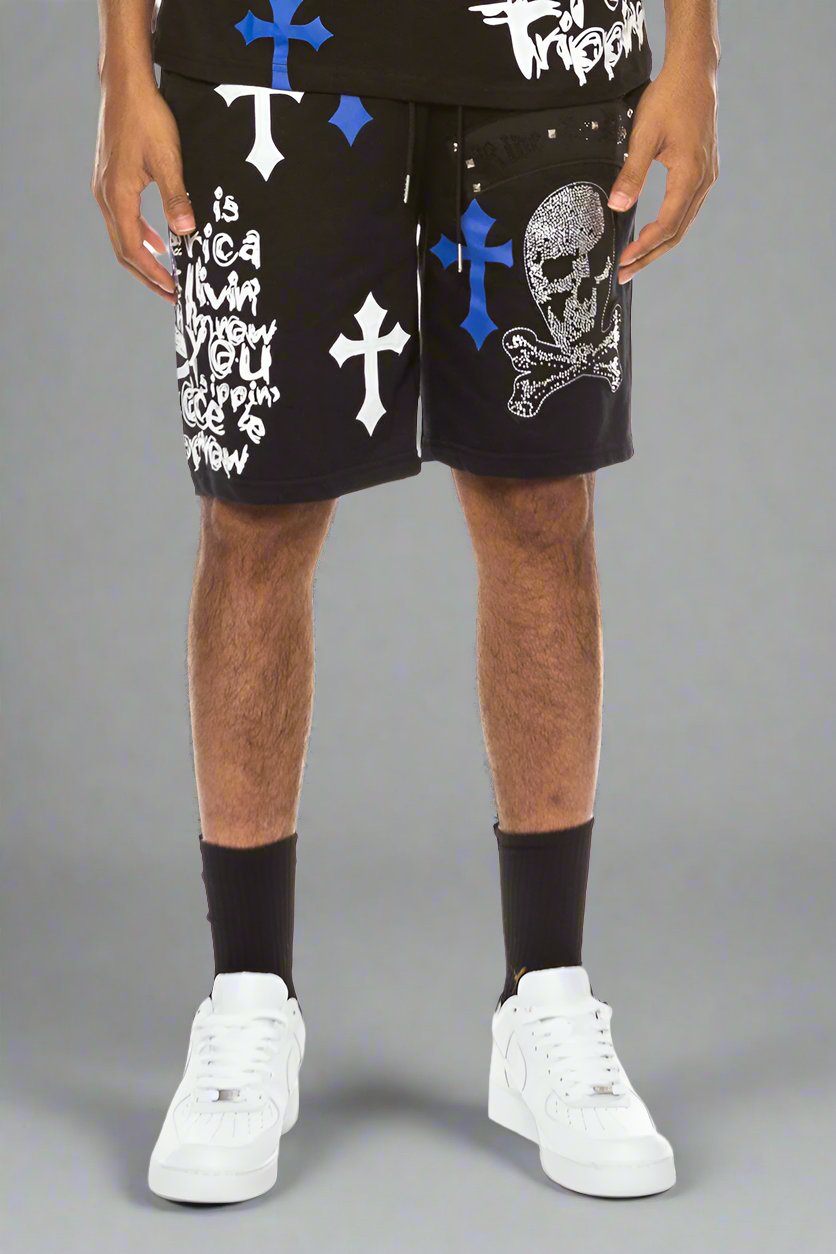 Bejewelled Chrome Skull Shorts