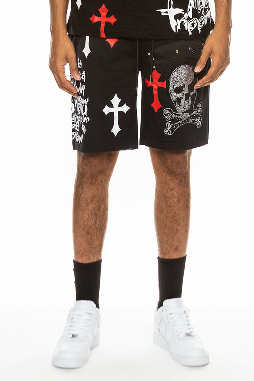 Bejewelled Chrome Skull Shorts